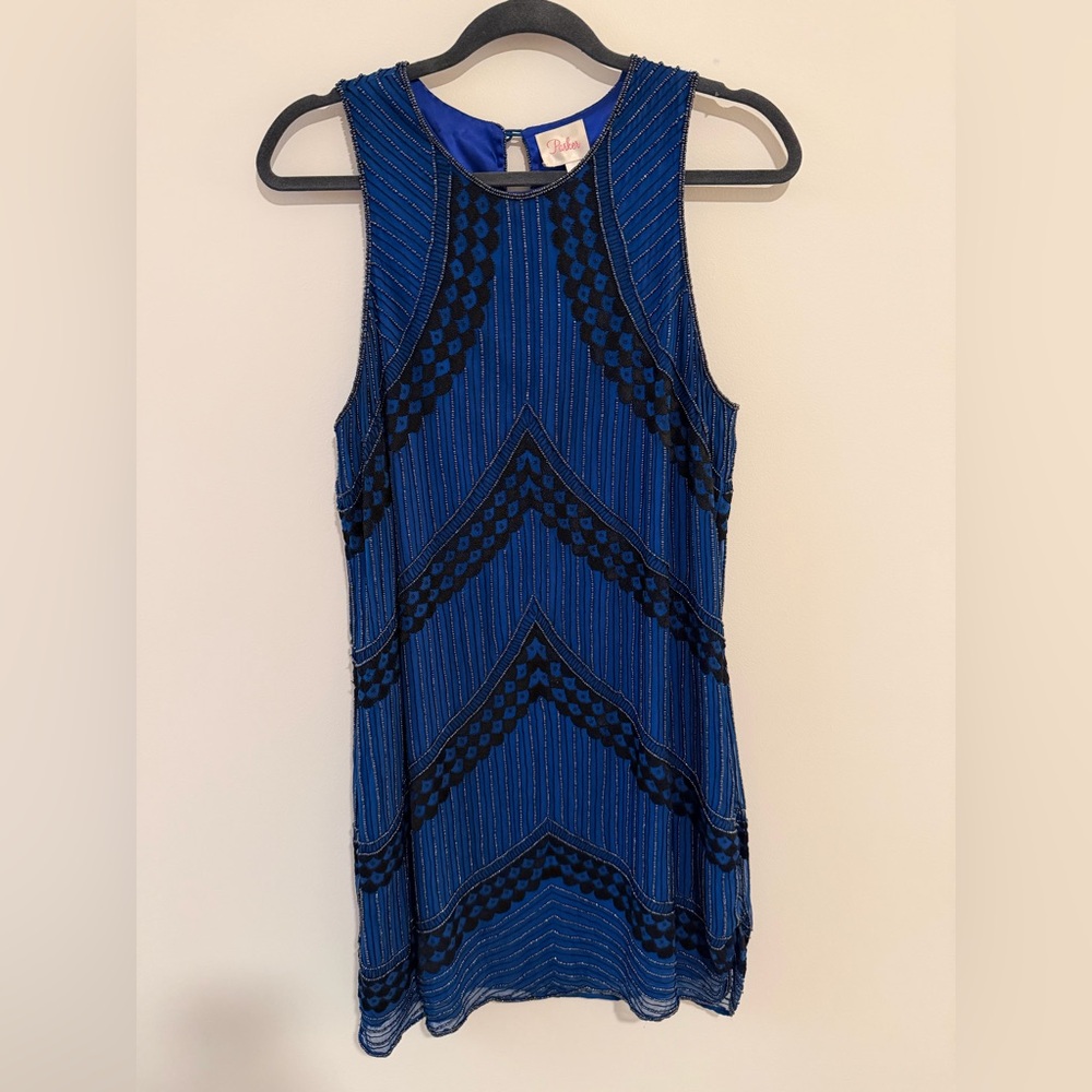 *STUNNING* Parker Royal Blue and Black Beaded Art Deco Cocktail Dress